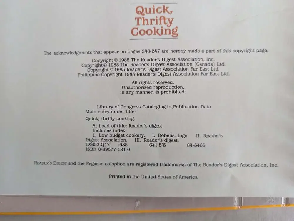 Quick, Thrifty Cooking by Reader's Digest Editors Spiral Bound 1985